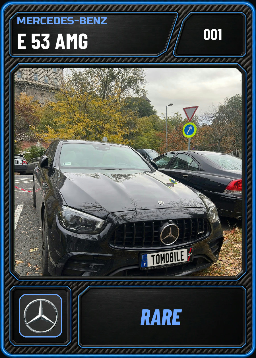 Mercedes-Benz E 53 AMG (W213, noir) photographiée en carspotting, carte ToMobile Rare n°001