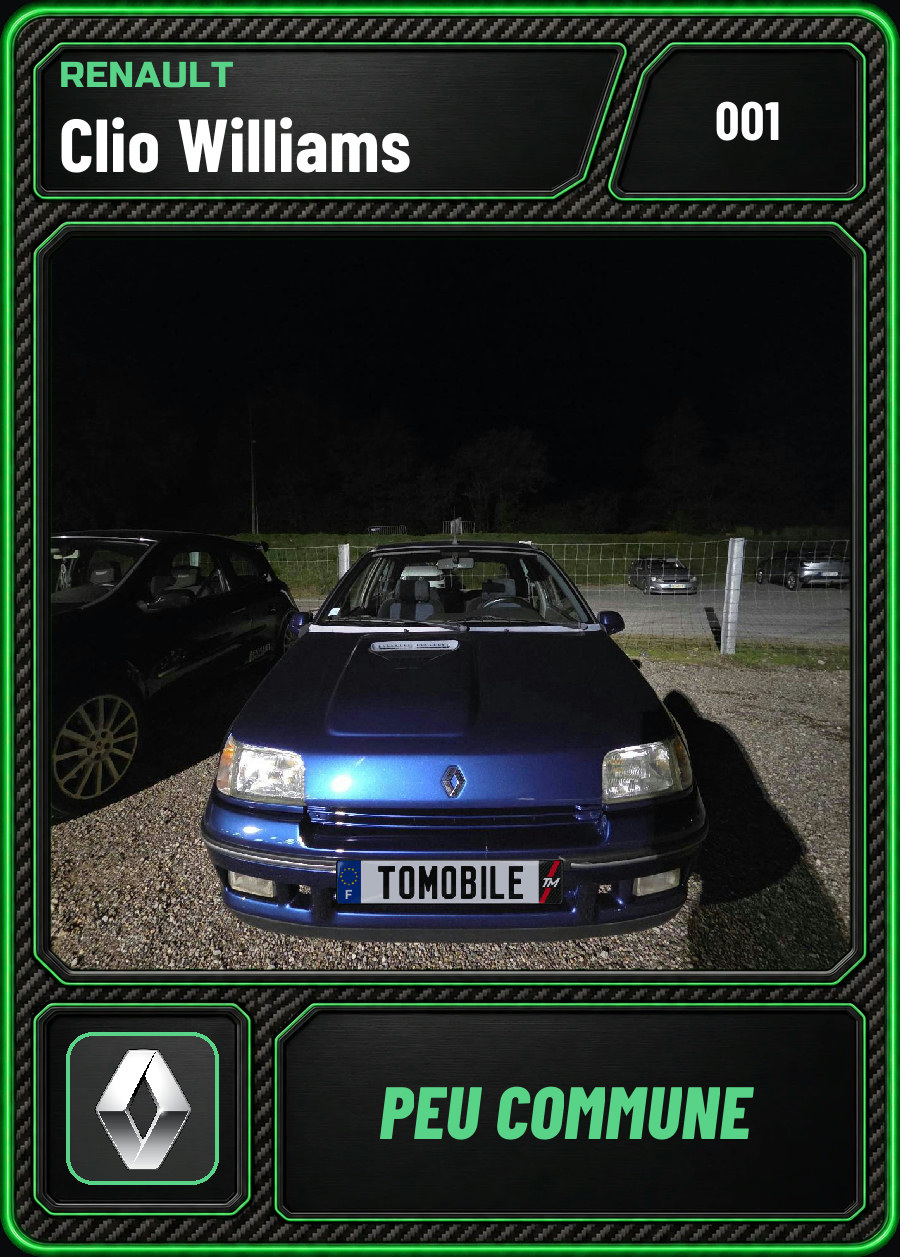 Renault Clio Williams (I, bleu) photographiée en carspotting, carte ToMobile Peu commune n°001